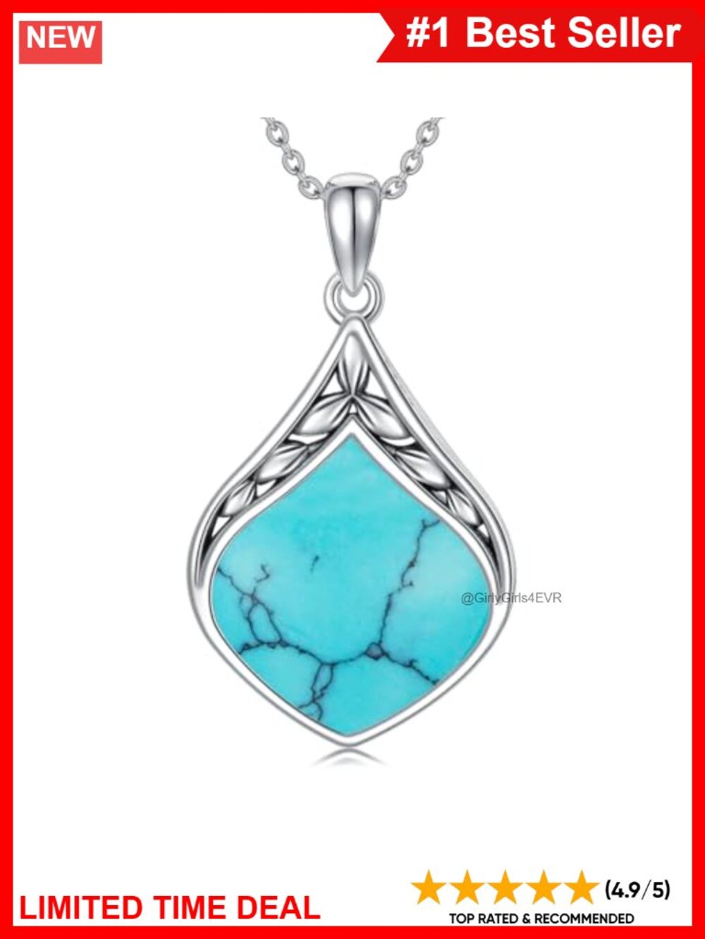 HPQQ 925 Sterling Silver Teardrop Turquoise Necklace 18in Pendant Jewelry